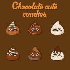 Chocolate cute candies, cute Character, Vector illustration of different shapes and kinds of chocolate candies. 