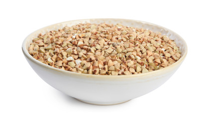 Green buckwheat in bowl isolated on white