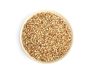Green buckwheat in bowl isolated on white, top view