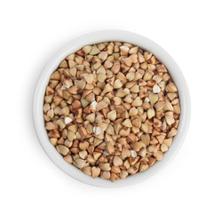 Green buckwheat in bowl isolated on white, top view