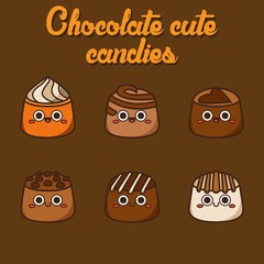 Chocolate cute candies, cute Character, Vector illustration of different shapes and kinds of chocolate candies. 