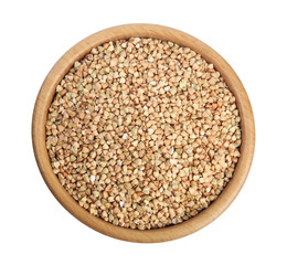 Green buckwheat in bowl isolated on white, top view