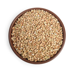 Green buckwheat in bowl isolated on white, top view