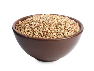 Green buckwheat in bowl isolated on white