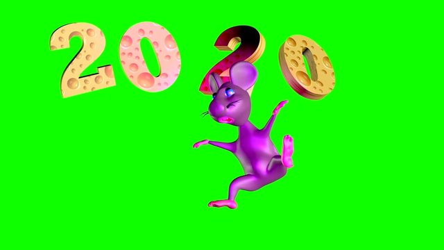 Merry mouse celebrates new year 2020!Bright. Cheerful. Funny. Dances. cartoon, cartoon film, animated film. 3D video. Chroma key. 3D rendering.