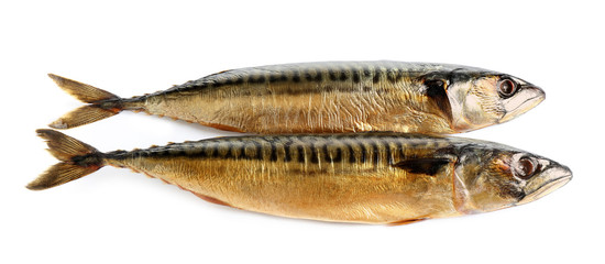 Tasty smoked mackerel fish isolated on white, top view