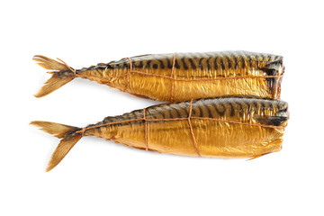 Tasty smoked mackerel fish isolated on white, top view