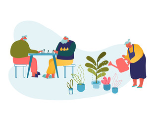 Senior People Spend Time in Nursing Home Engaging Playing Chess and Gardening Hobby. Elderly Male and Female Characters Having Leisure Fun and Relaxing Sparetime. Cartoon Flat Vector Illustration