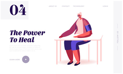 Old Lady Medical Check Up in Clinic Website Landing Page. Senior Woman Sitting at Table with Tonometer Cuff on Shoulder Measuring Blood Pressure Web Page Banner. Cartoon Flat Vector Illustration
