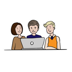  Doodle sketch business men women discuss computer teamwork. Simple, flat illustration