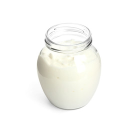 Tasty organic yogurt in glass jar isolated on white