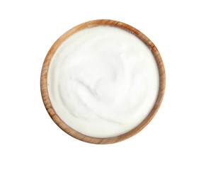 Fototapeta na wymiar Tasty organic yogurt in wooden bowl isolated on white, top view
