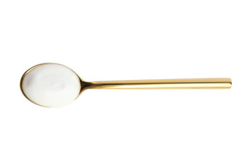 Spoon with tasty organic yogurt isolated on white, top view