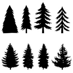 Obraz premium Set of silhouettes of pine tree isolated on white background. Design element for poster, banner, card, emblem. Vector illustration