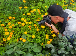 The photographer takes the camera flowers and insects. The guy with the camera in the flowers.