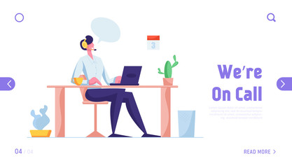 Customer Support Service Website Landing Page. Consultant on Hotline Chat with Client, Telemarketer. Call Center Technical Professional Receptionist Web Page Banner. Cartoon Flat Vector Illustration