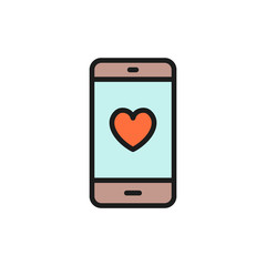 Smartphone with heart on display, love message flat color icon.