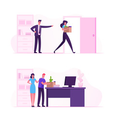 Angry Boss Shouting and Pointing on Door to Sad Worker Carry Belongings in Box. Fired Employee Leaving Office with Things in Cardboard Package. Career Failure Dismiss Cartoon Flat Vector Illustration