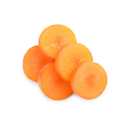 Slices of fresh ripe carrot isolated on white, top view