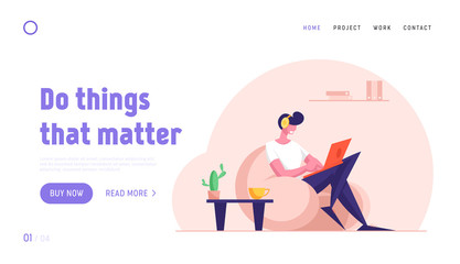 Remote Freelance Work Website Landing Page. Man Freelancer Wearing Headset Sitting in Comfortable Armchair Working Distant on Laptop. Creative Employee Web Page Banner Cartoon Flat Vector Illustration