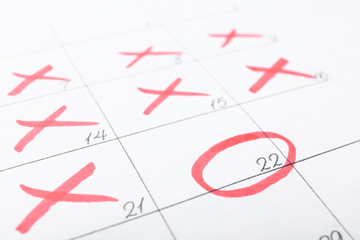 Calendar page with marked dates, closeup view