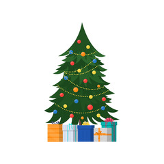 Decorated Christmas tree and gifts on a white background. Vector illustration.