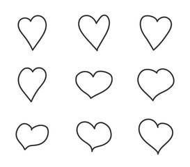 Hearts outline vector icons. Hand drawn line heart shapes vector illustration for web, mobile app, ui design and printing. Valentine day icons. Love and relationships concept