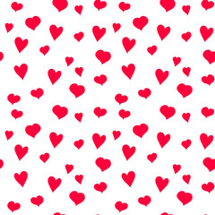 Valentines day vector seamless pattern with red hearts. Hand drawn red hearts on white background for print pattern on packaging, wrapper, box, cards. Valentines day, love and relationships concept