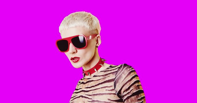 Animation gif design. Freak clubbing girl with choker and sunglasses on pink background