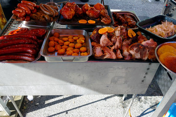 Tasty grilled dishes on a tray