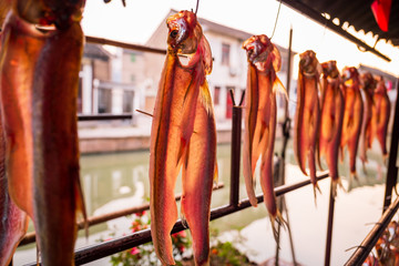 Fototapeta na wymiar salted soy ducks, pork, fish and meat hang on the holders.