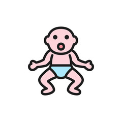 Little baby in diapers flat color icon.