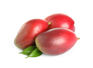 Delicious ripe juicy mangoes isolated on white