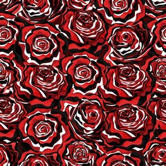 Seamless vector pattern with roses in black, white and red artistic style