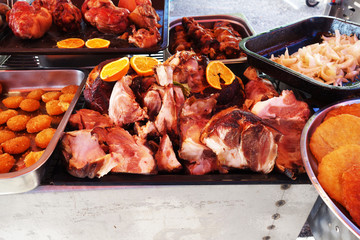 Tasty grilled dishes on a tray