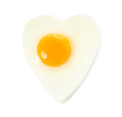 Heart shaped fried egg isolated on white, top view