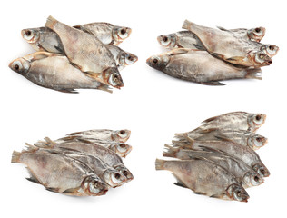 Set of tasty dry fish on white background