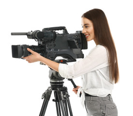 Operator with professional video camera on white background