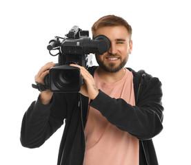 Operator with professional video camera on white background