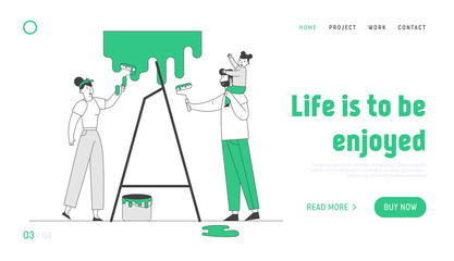 Young Family Make Repair at Home Website Landing Page. Father, Mother and Little Daughter Coloring Wall with Paint Rollers. House Renovation Web Page Banner. Cartoon Flat Vector Illustration, Line Art