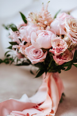fresh bright blooming peonies flowers with dew drops on petals