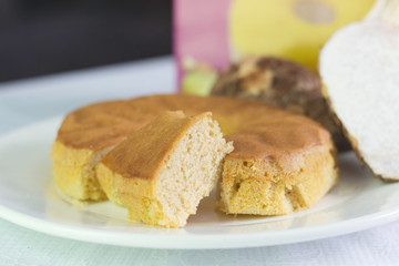 close up taro cake on dish on table
