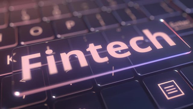 Futuristic computer keyboard and transparent fintech plate. Conceptual 3D animation