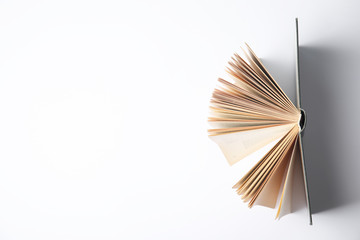 Open book on white background, top view