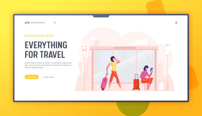 City Commuter Transportation Service Website Landing Page. Young Women Waiting on Bus Station with Suitcases and Smartphones in Hand. Urban Transport Web Page Banner. Cartoon Flat Vector Illustration
