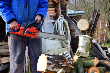 Gardener saws wood with chainsaw by hand in safety dress