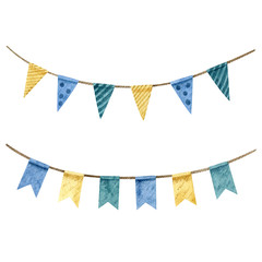 Two watercolor garlands with flags isolated on white background. Happy birthday, baby shower celebration concept.  Hand drawn clipart for greeting card, invitations, banners. Handmade illustration. - obrazy, fototapety, plakaty