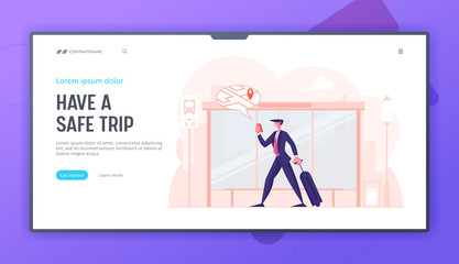 Online Navigation Application Website Landing Page. Businessman with Luggage Stand on Bus Stop Watching on Mobile Phone Screen with Map Location Marker Web Page Banner Cartoon Flat Vector Illustration