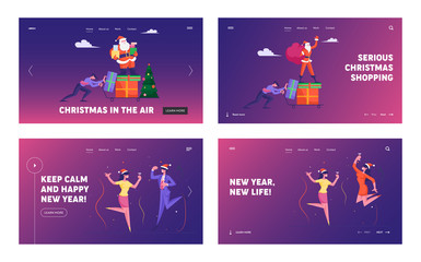 Fototapeta premium Corporate Party Website Landing Page Set. Web Page Banner. Businessman Push Trolley with Santa Holding Sack with Presents and Waving Hand. Business Colleagues Dancing Cartoon Flat Vector Illustration