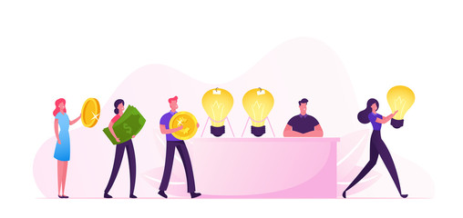Idea Sale Concept. Businessman or Salesman Sitting at Desk with Glowing Huge Light Bulbs, Businesspeople Stand in Queue with Money in Hands for Buying Business Insight Cartoon Flat Vector Illustration